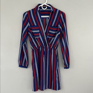 Express Red, Blue & White Striped Long Sleeve Wrap Dress